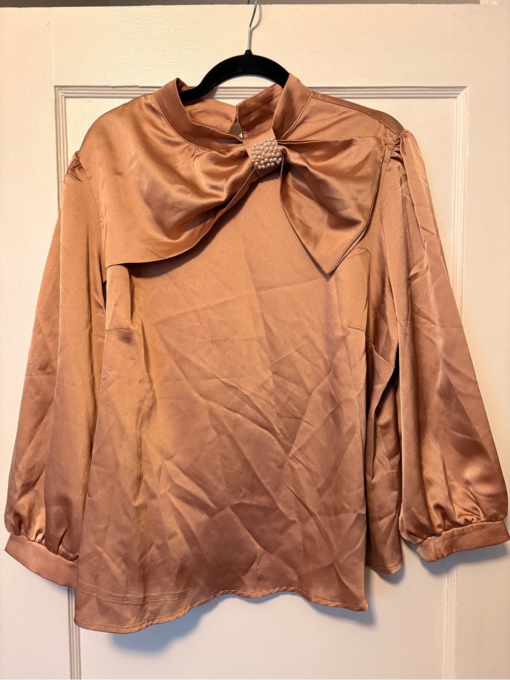 SHEIN Pearl Bow Satin Blouse - Taupe